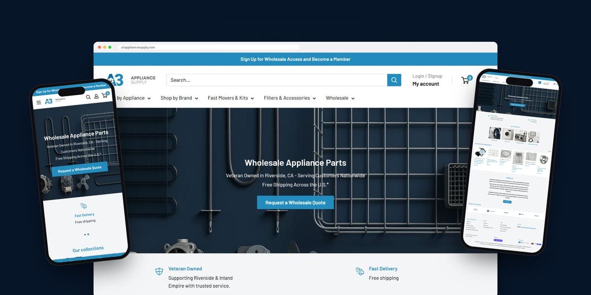 A3 Appliance Supply website on desktop and mobile
