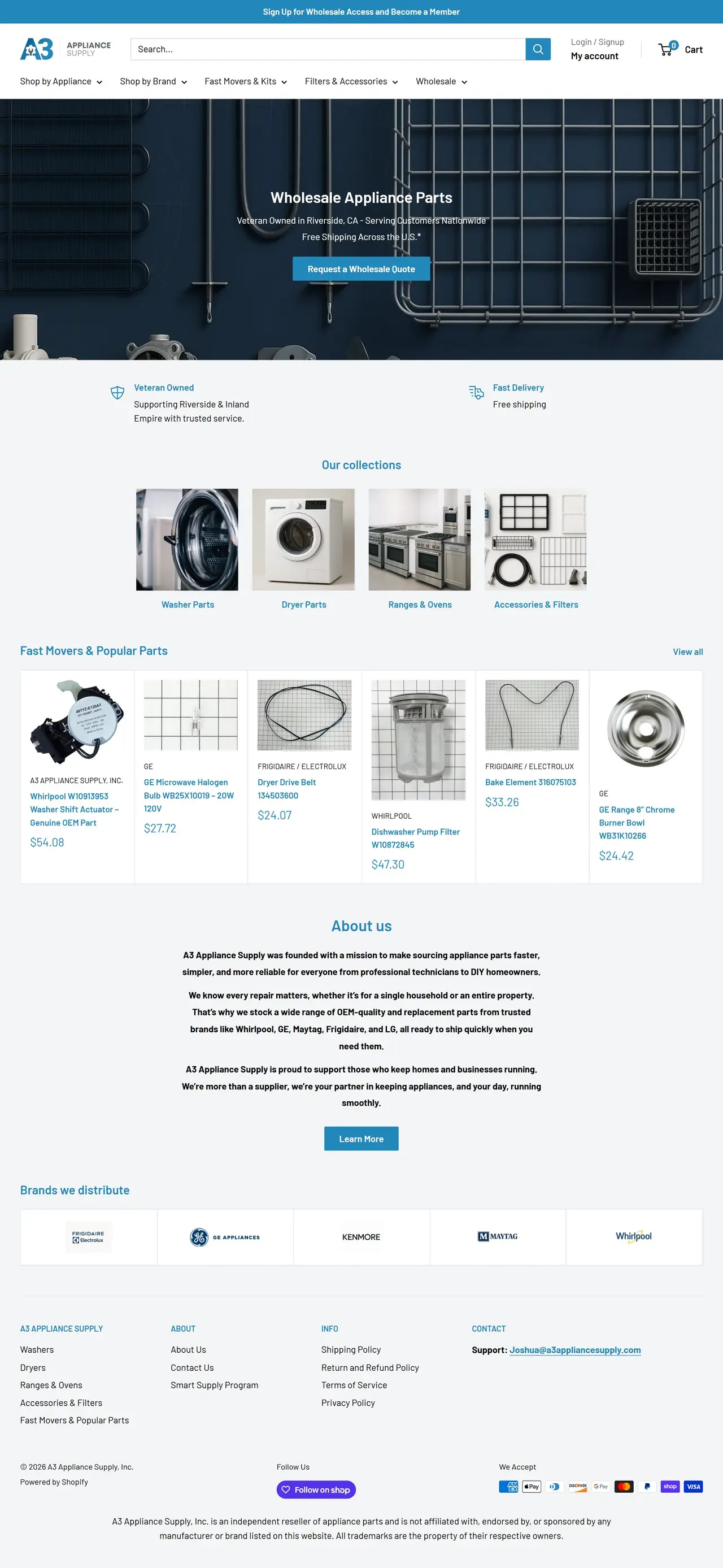 Scrolling view of the A3 Appliance Supply homepage