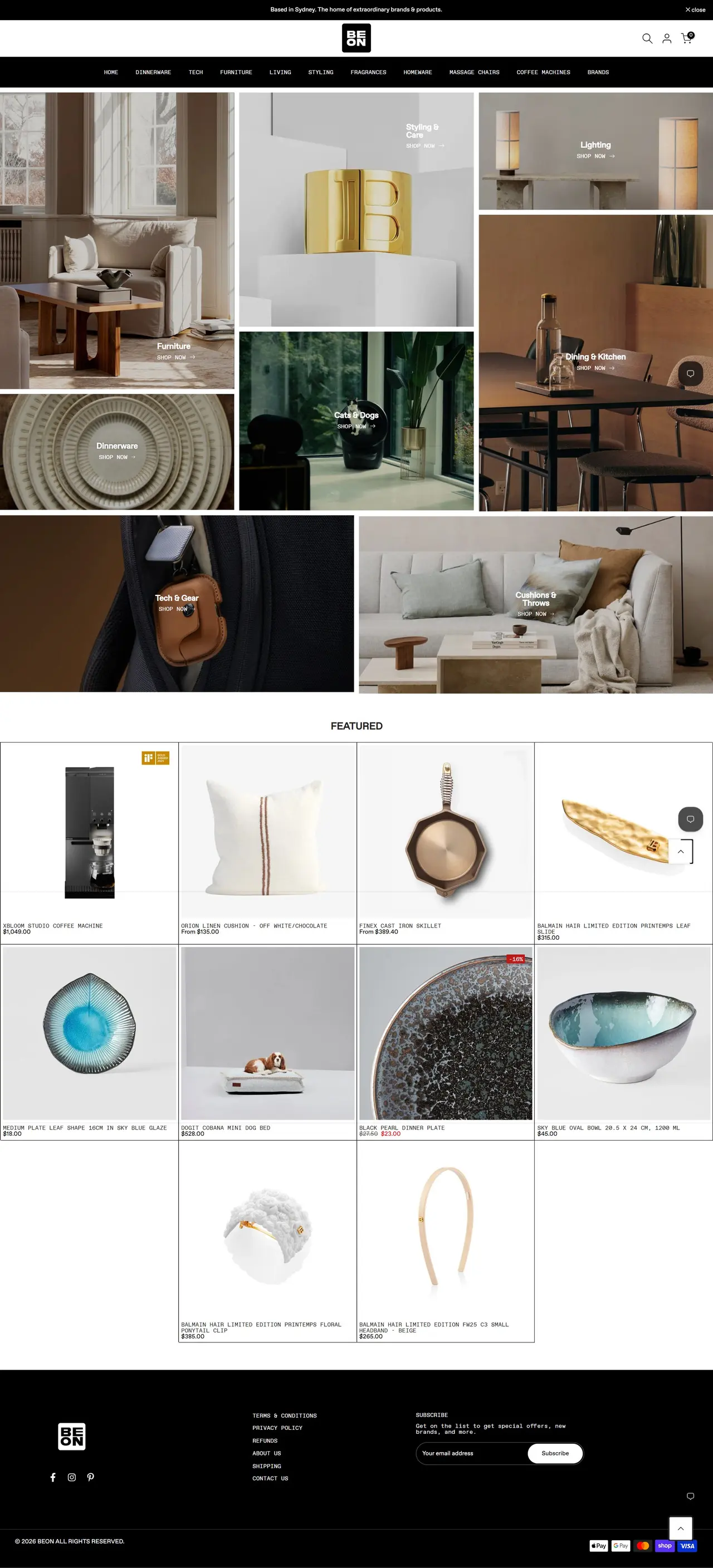Scrolling view of the BEON homepage
