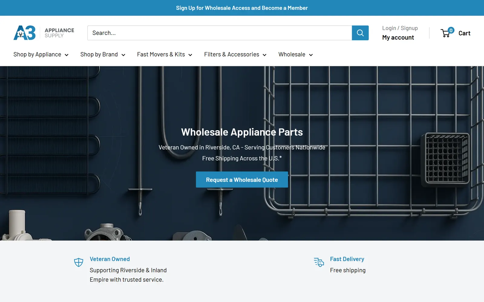 A3 Appliance Supply storefront on desktop